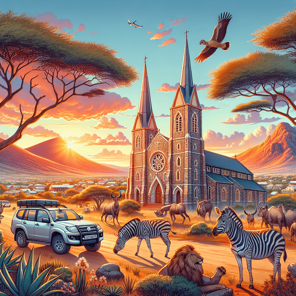 Coche de ciudad, iglesia, zebras y puesta de sol