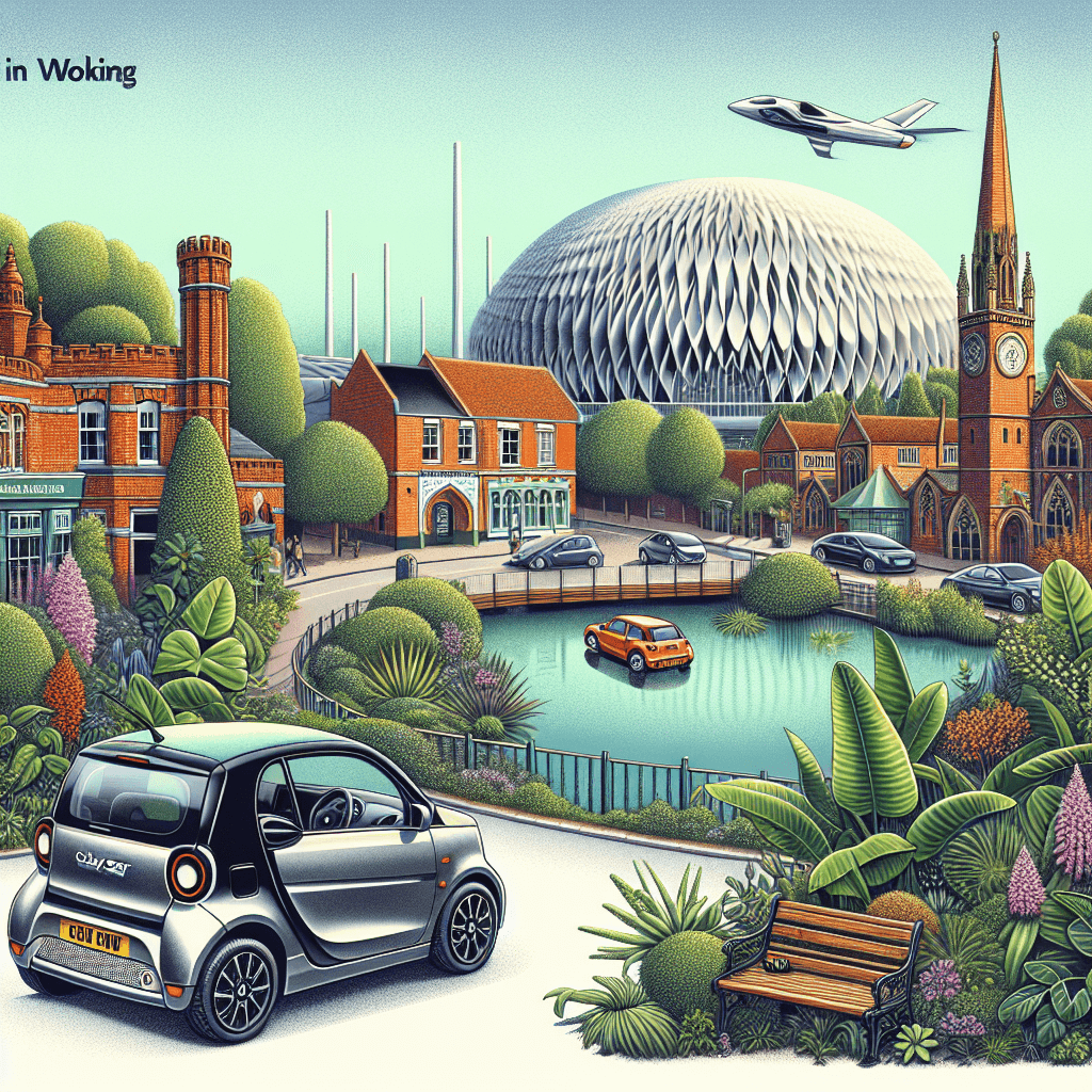 City car in Woking featuring botanical flora, mosque, river