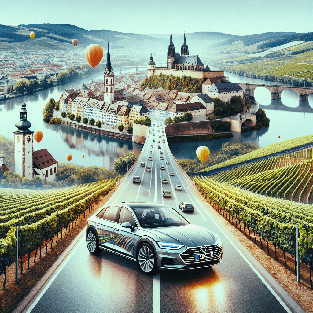 City car amidst Würzburg landscape with balloons, bridge and vineyards