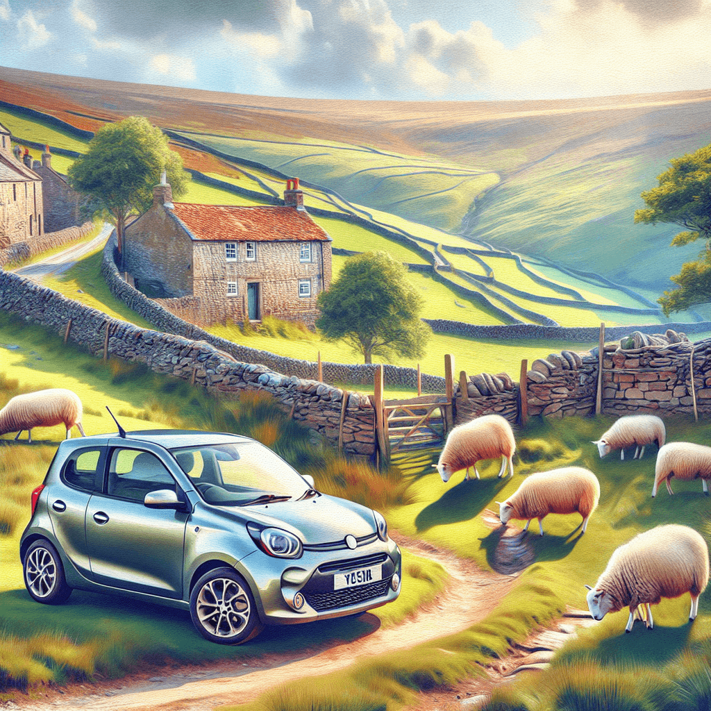 City car in sunny Yorkshire landscape with sheep, cottages, and a heather-filled moor