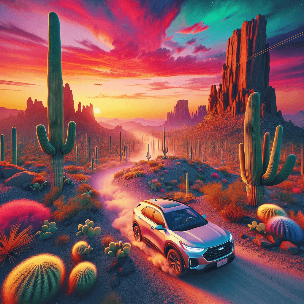 City car traversing Yuma desert with vibrant sunset, saguaro cactus, and desert animals