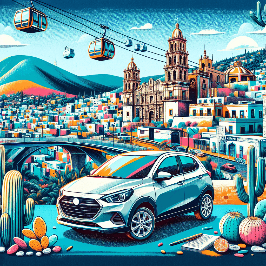 City car in Zacatecas with bridge, cable cars and cactuses