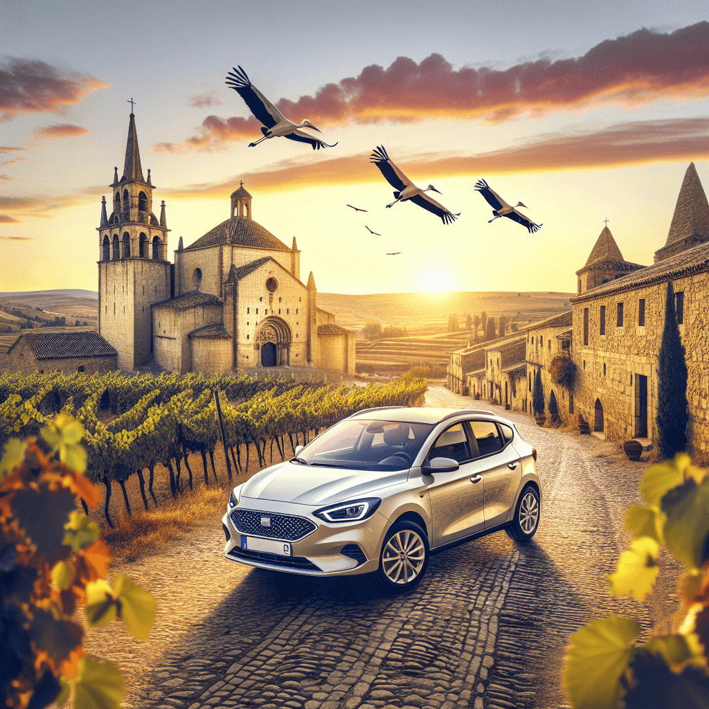 City car cruising past old vineyards and Romanesque churches under a sunset sky dotted with storks