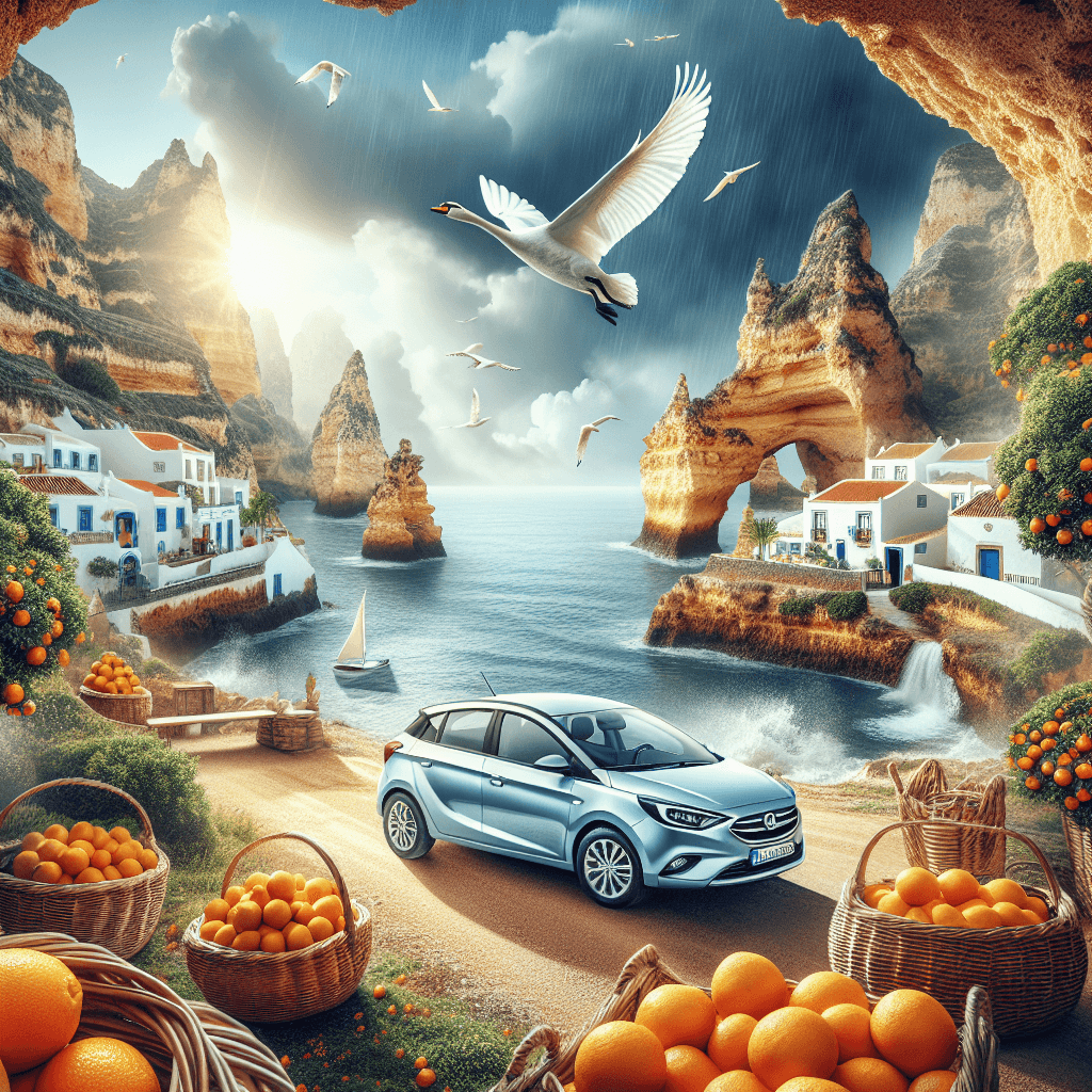 City car, Algarve cliffs, orange baskets, swan, blue sky