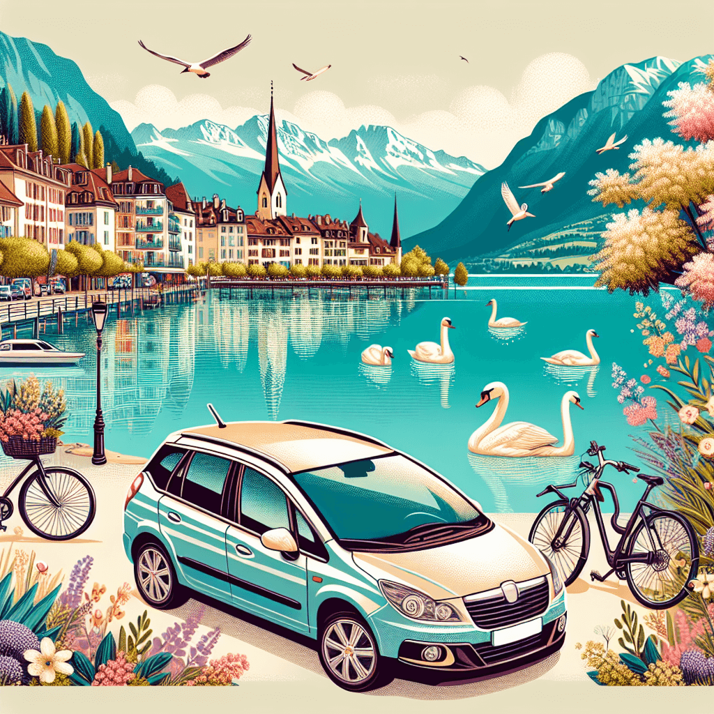 City car in Annecy with swans, bicycles and blooming flowers