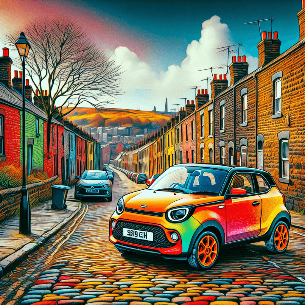 Vibrant car on Bolton's cobbled street with iconic Winter Hill