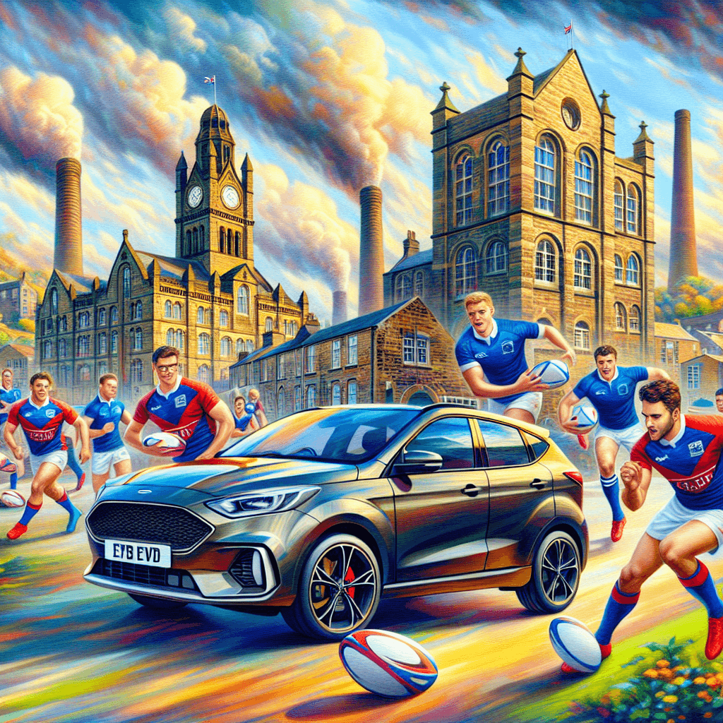 City car in Burnley landscape with Hall, Mills, and rugby players