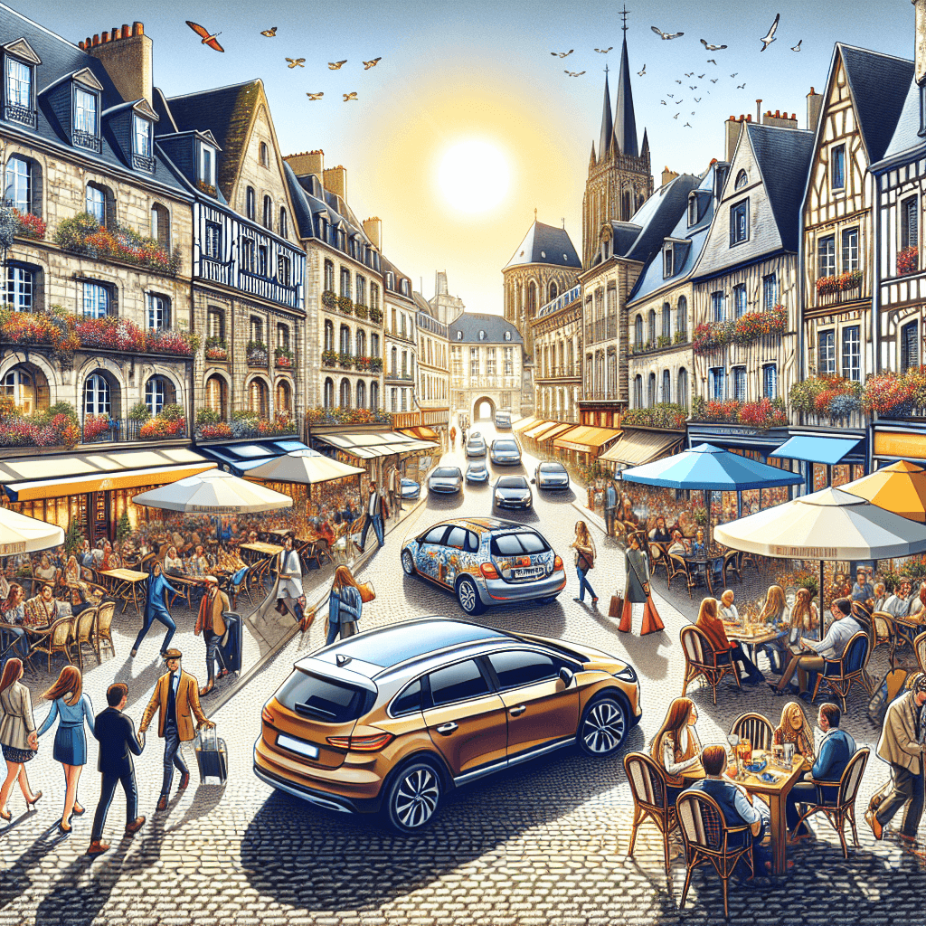City car in medieval Caen with bustling cafés and blooming flowers