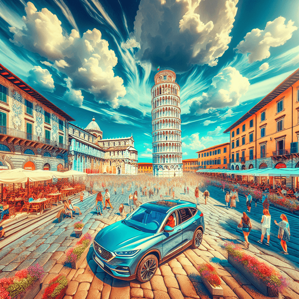 City car in Pisa with cobblestone streets, piazza, and cafes.