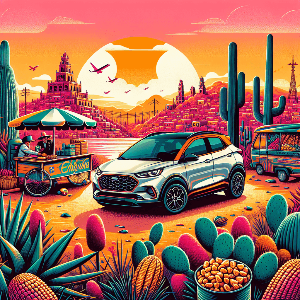 City car in Chihuahua with cactuses, agave plants, elote vendor, and sunset