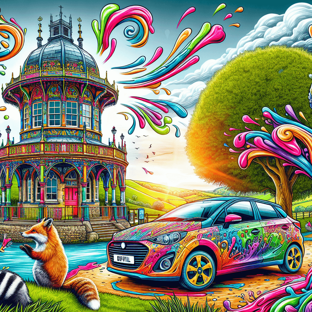 Vibrant city car parked by Yeovil's iconic folly, surrounded by playful countryside animals and lush greenery.