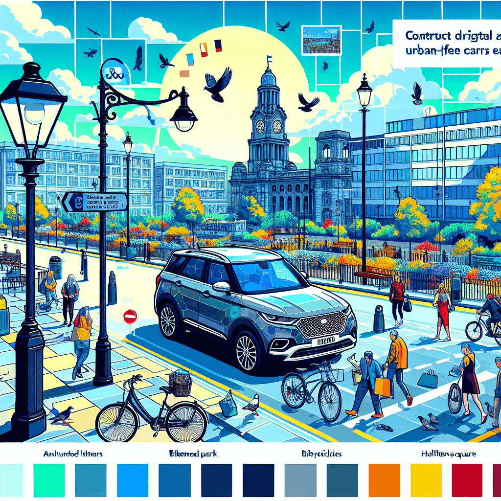 City car in Birkenhead, pedestrians, bikes, pigeons, blue skies