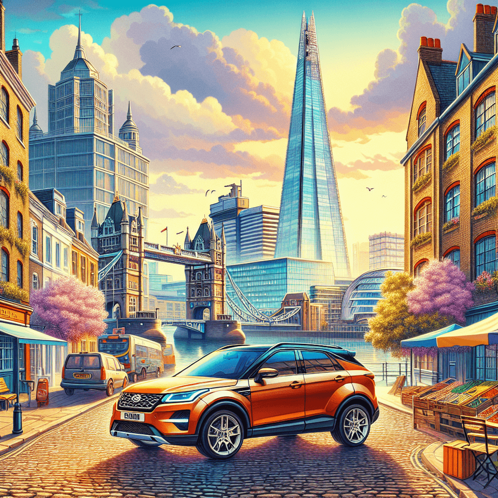 City car parked near Southwark's iconic Shard, bustling food market and cherry blossom trees