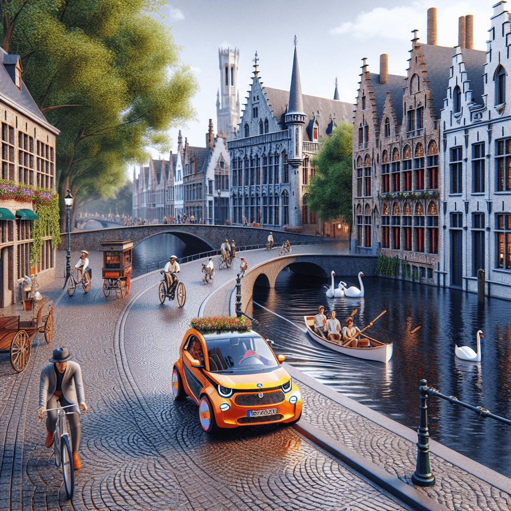 City car navigating Bruges' cobblestone streets with swans and cyclists