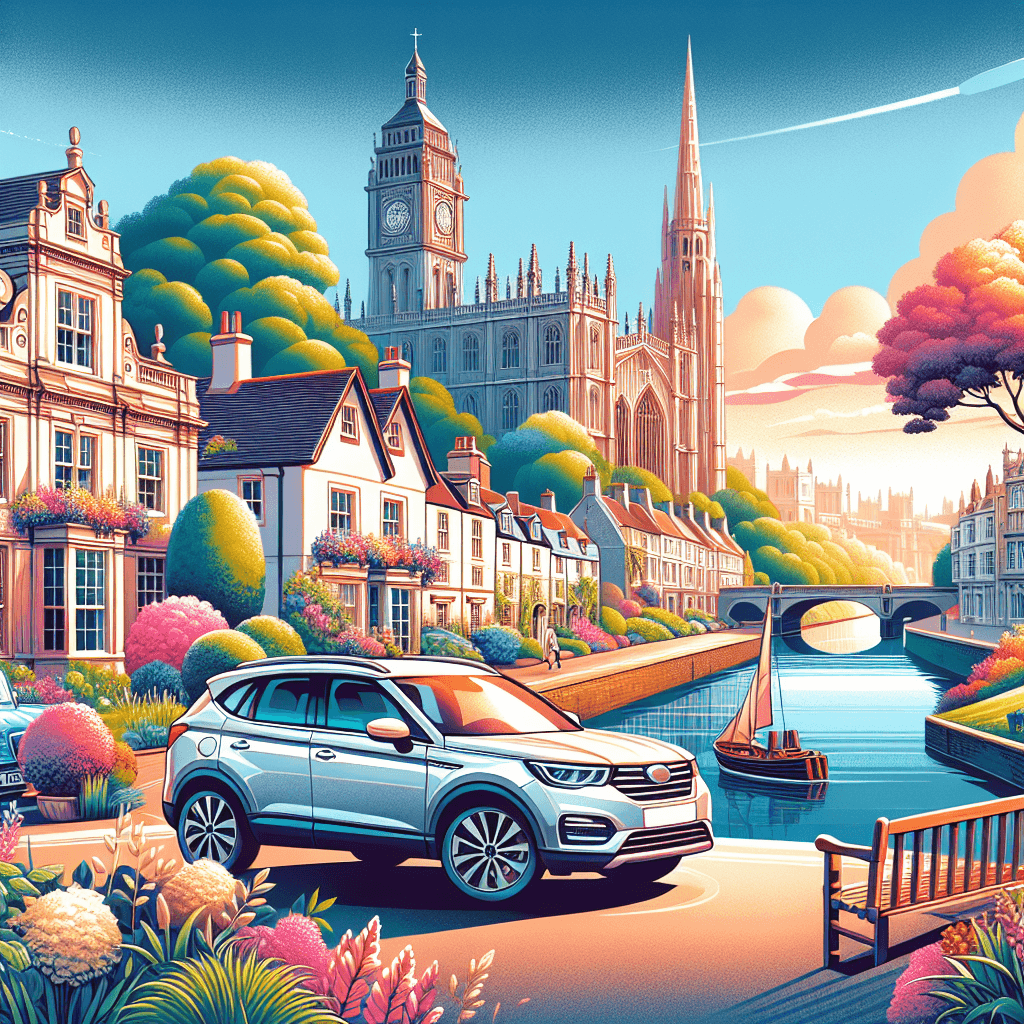 City car amidst Chelmsford landmarks, English garden, River Can