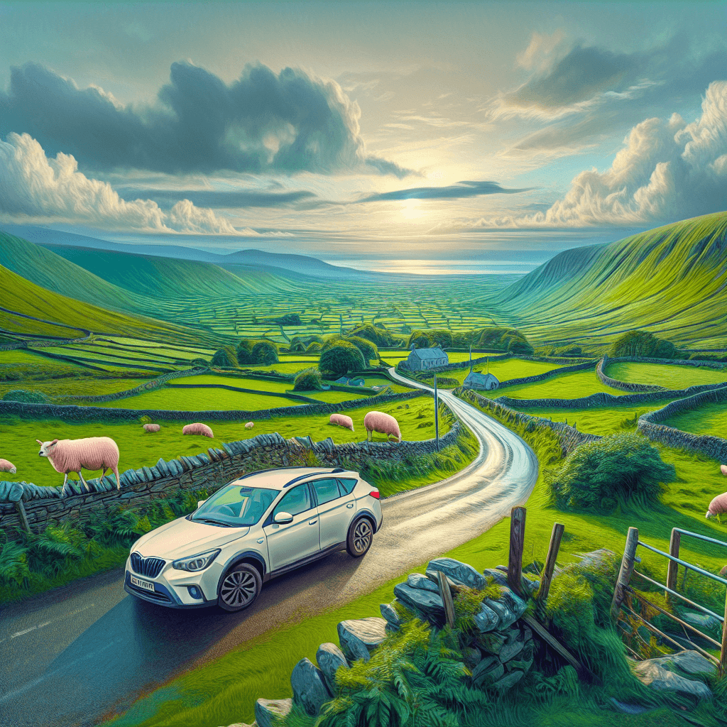 City car on winding road, serene County Down landscape, sheep and stone walls, captivating sunrise