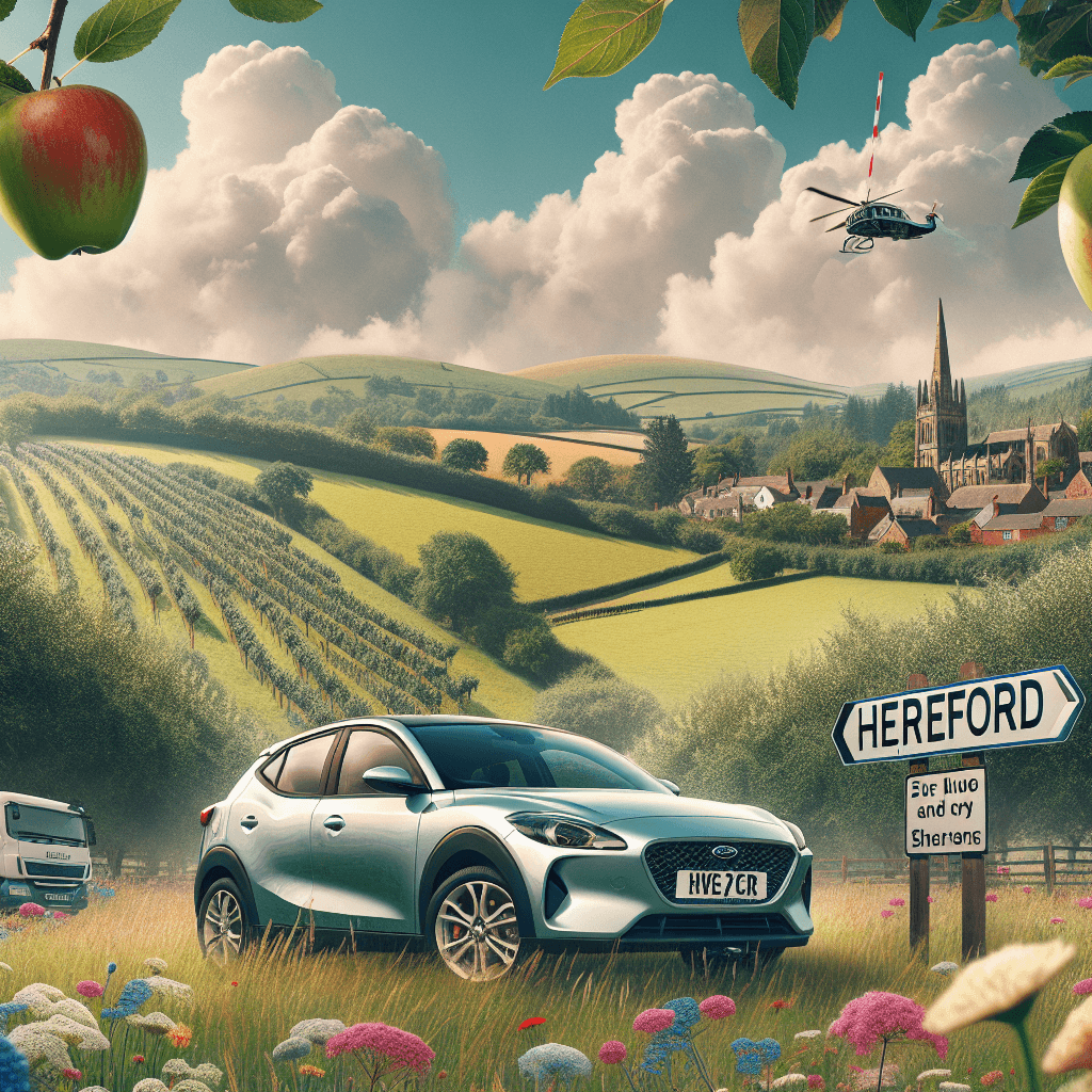 City car in Hereford, amidst orchard and wildflowers, under cloud-studded sky.