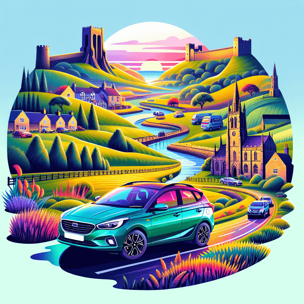 City car with rolling Northumberland hills, ancient castles, serene coastline