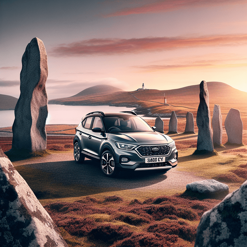 City car on peaty terrain with standing stones, hills and lighthouse.