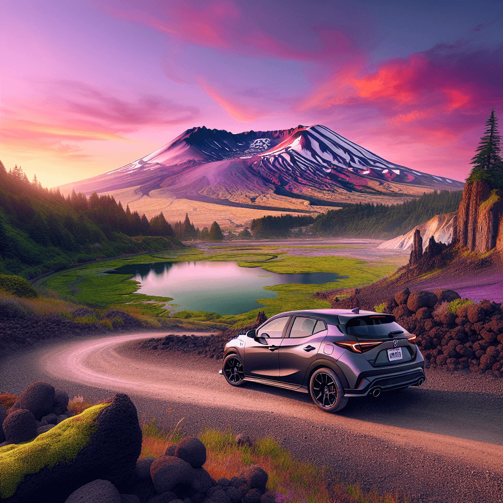 City car on gravel path, St.Helens scenery, lava rocks, emerald lakes
