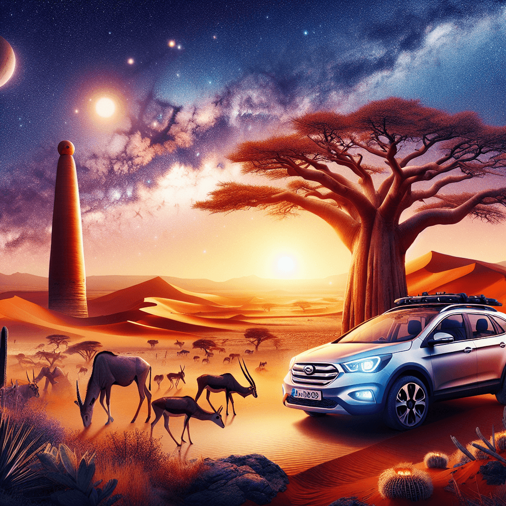 City car parked near baobab with antelopes under the stars