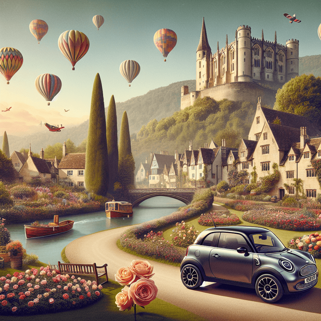 City car amidst Warwick's landscape, featuring hot air balloons