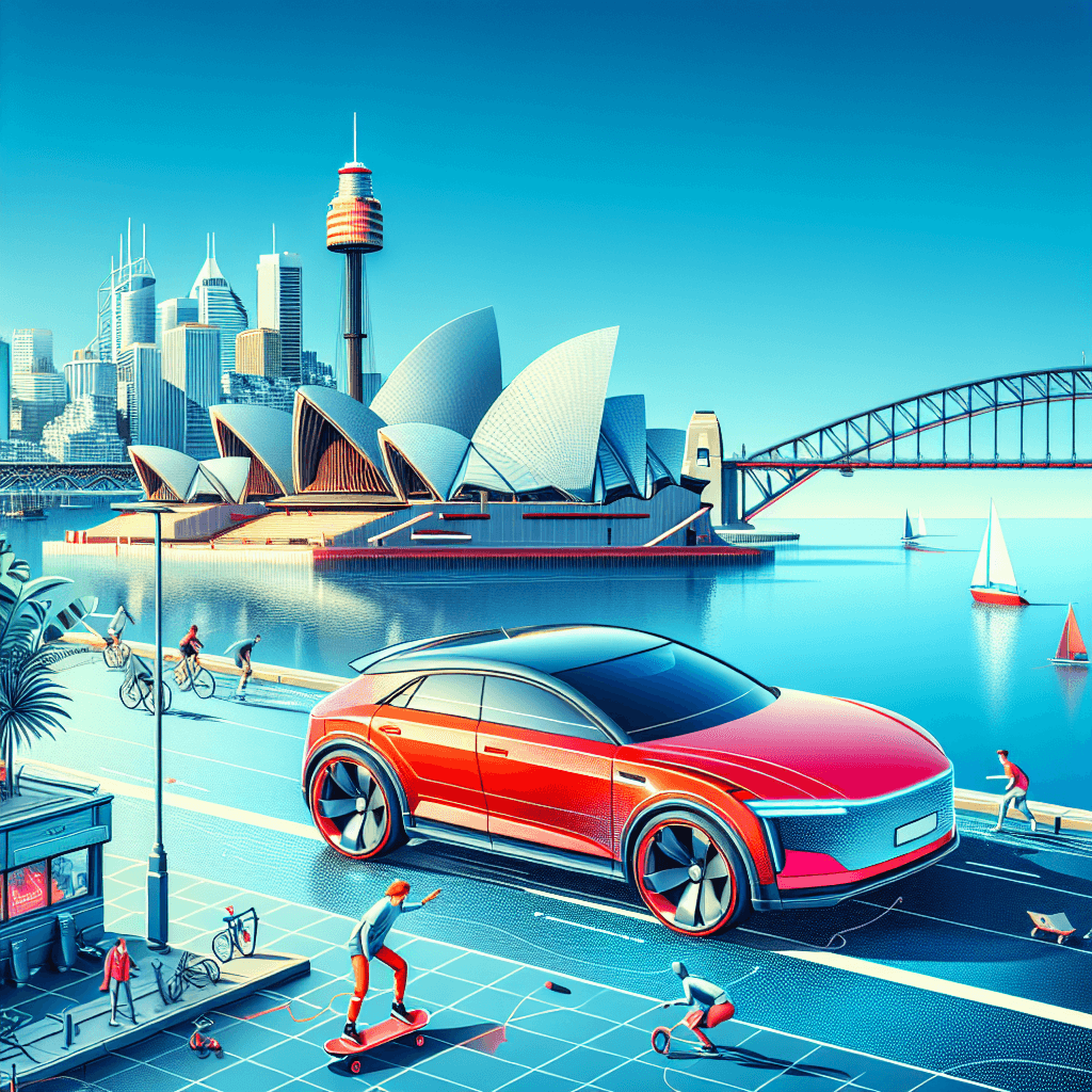 Coche rojo en Sydney con Opera House y Bridge