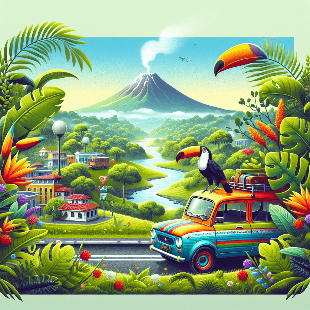 Coche colorido en paisaje costarricense con tucán y volcán