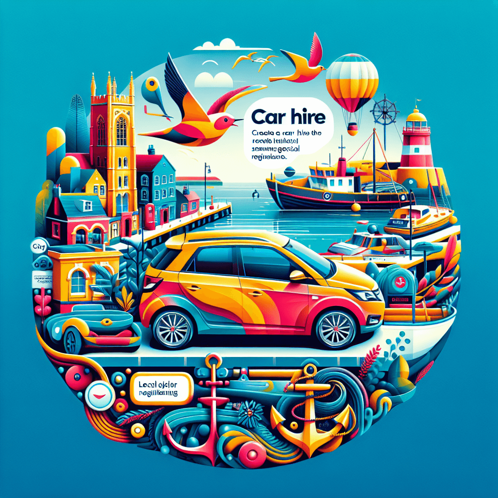 Cheerful city car hire at scenic Colwyn Bay with anchor, birds and local landmarks
