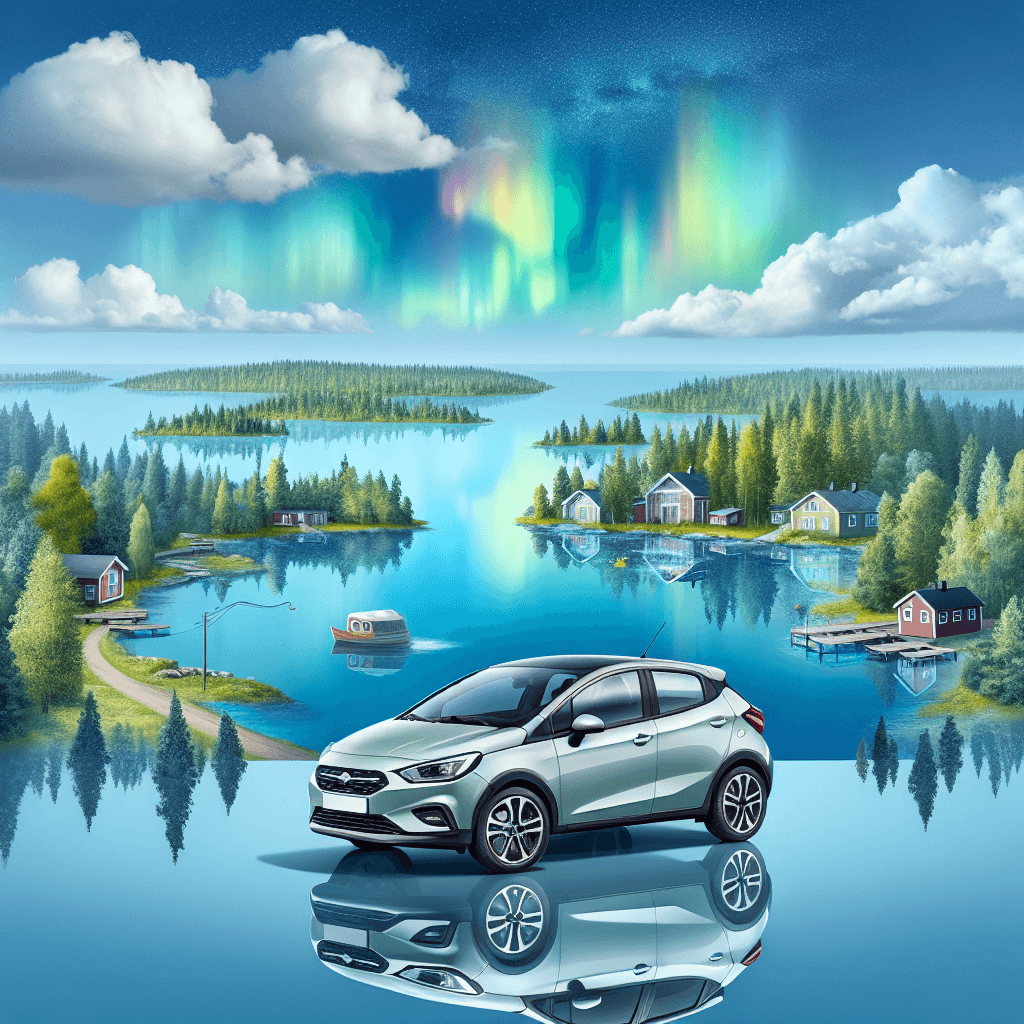 Coche compacto, aurora boreal, bosques y lago finlandés