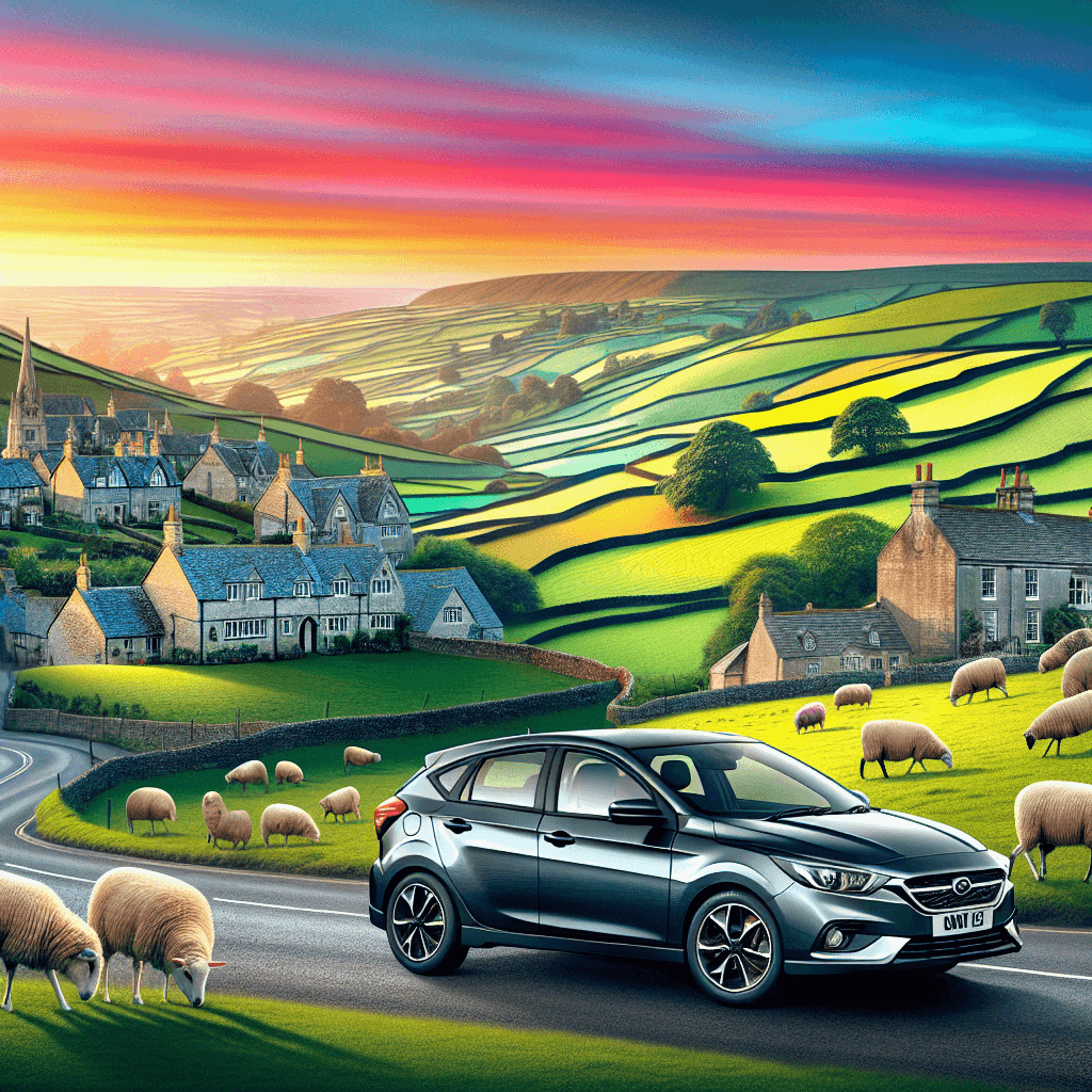 City car in Gloucestershire, with sheep, cottages, hills and sunset