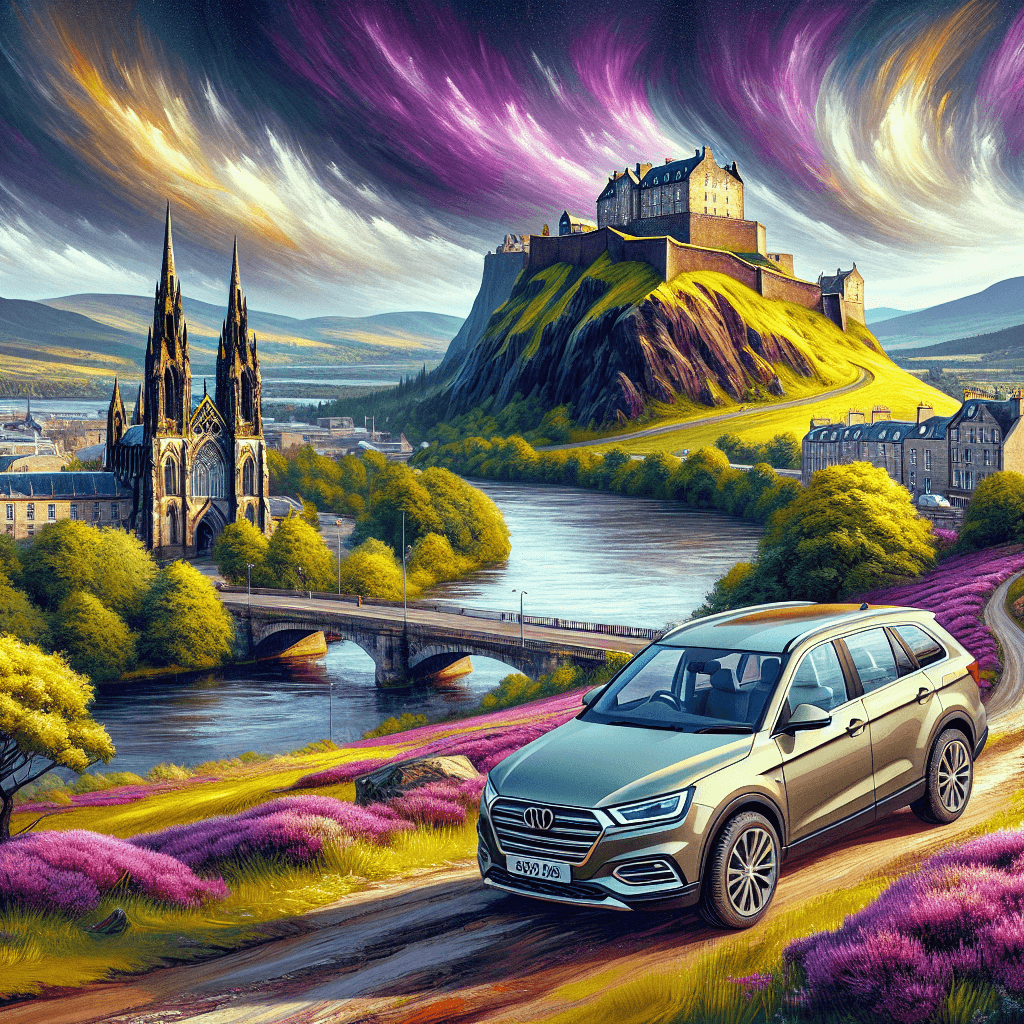 City car in Stirling landscape with castle, monument, and river