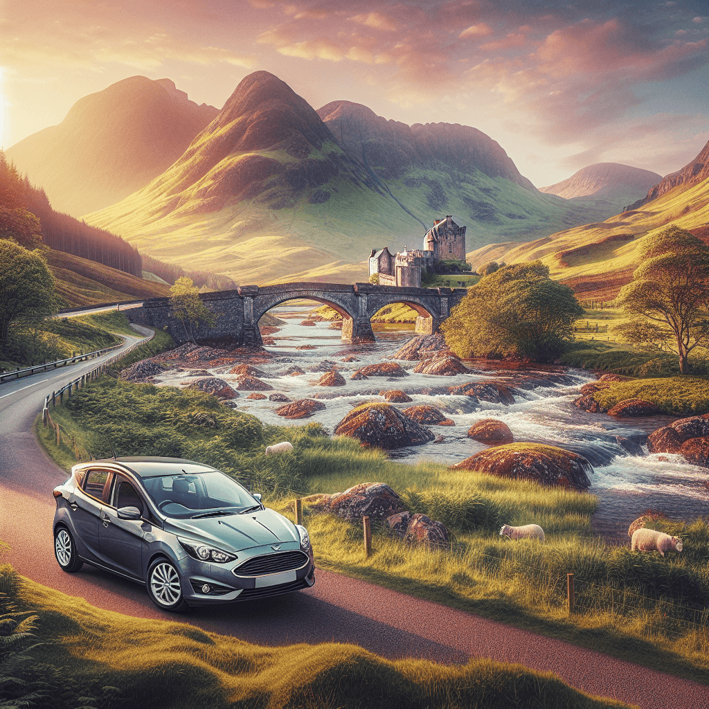 City car on a Scottish highland journey with sheep, castle and sunrise