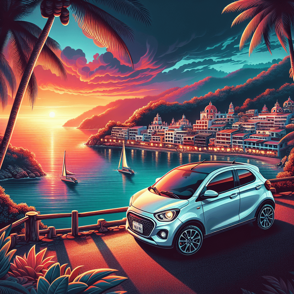 City car in colorful Huatulco landscape during sunset