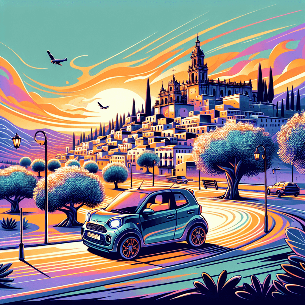 Small car driving through Jaén's olive trees under sunset