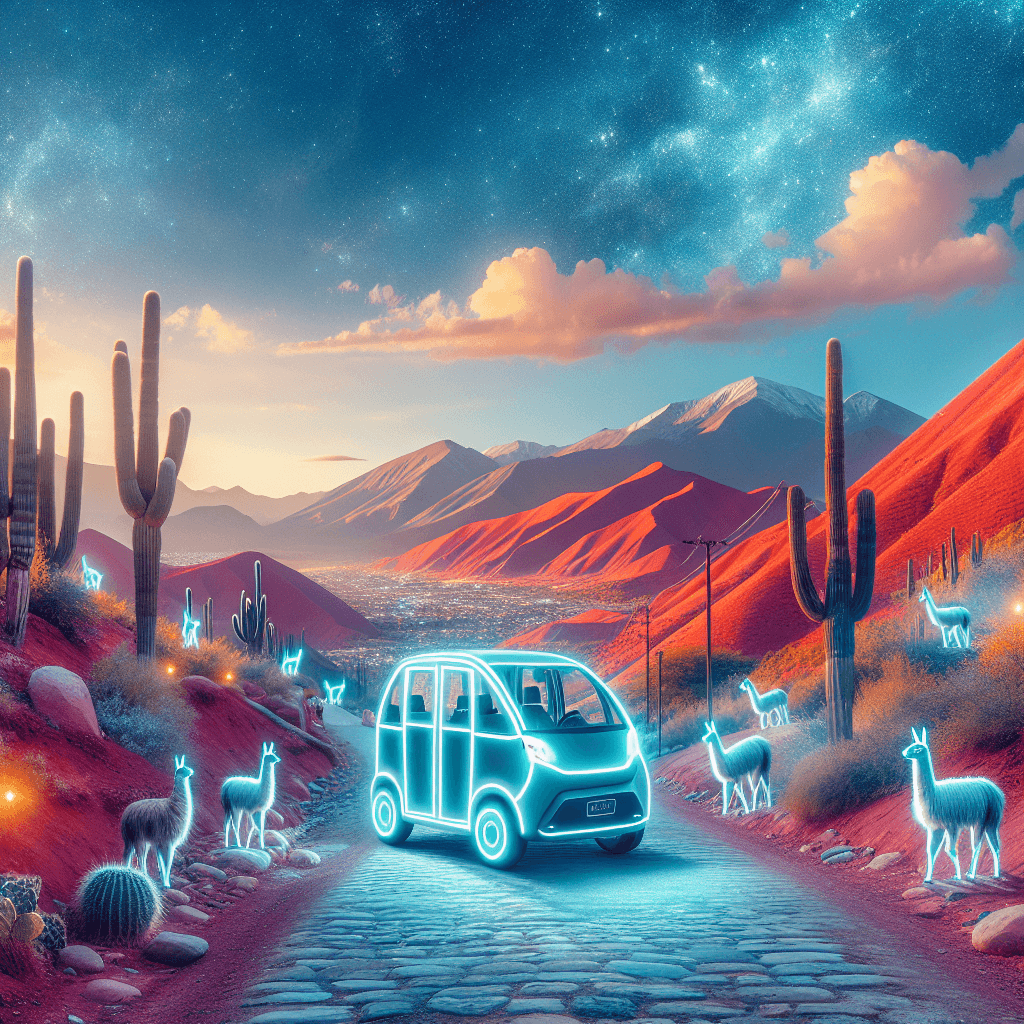 City car amidst Jujuy's red hills, cactuses, llamas