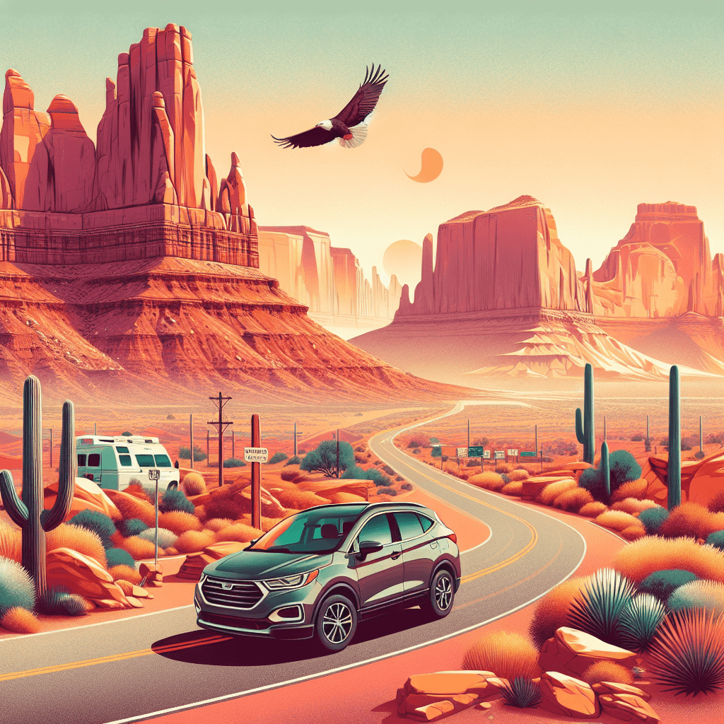 City car driving in Moab's sunset with eagle flying