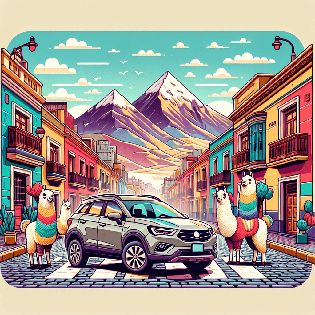 Coche en calle empedrada de La Paz, con llamas y montañas