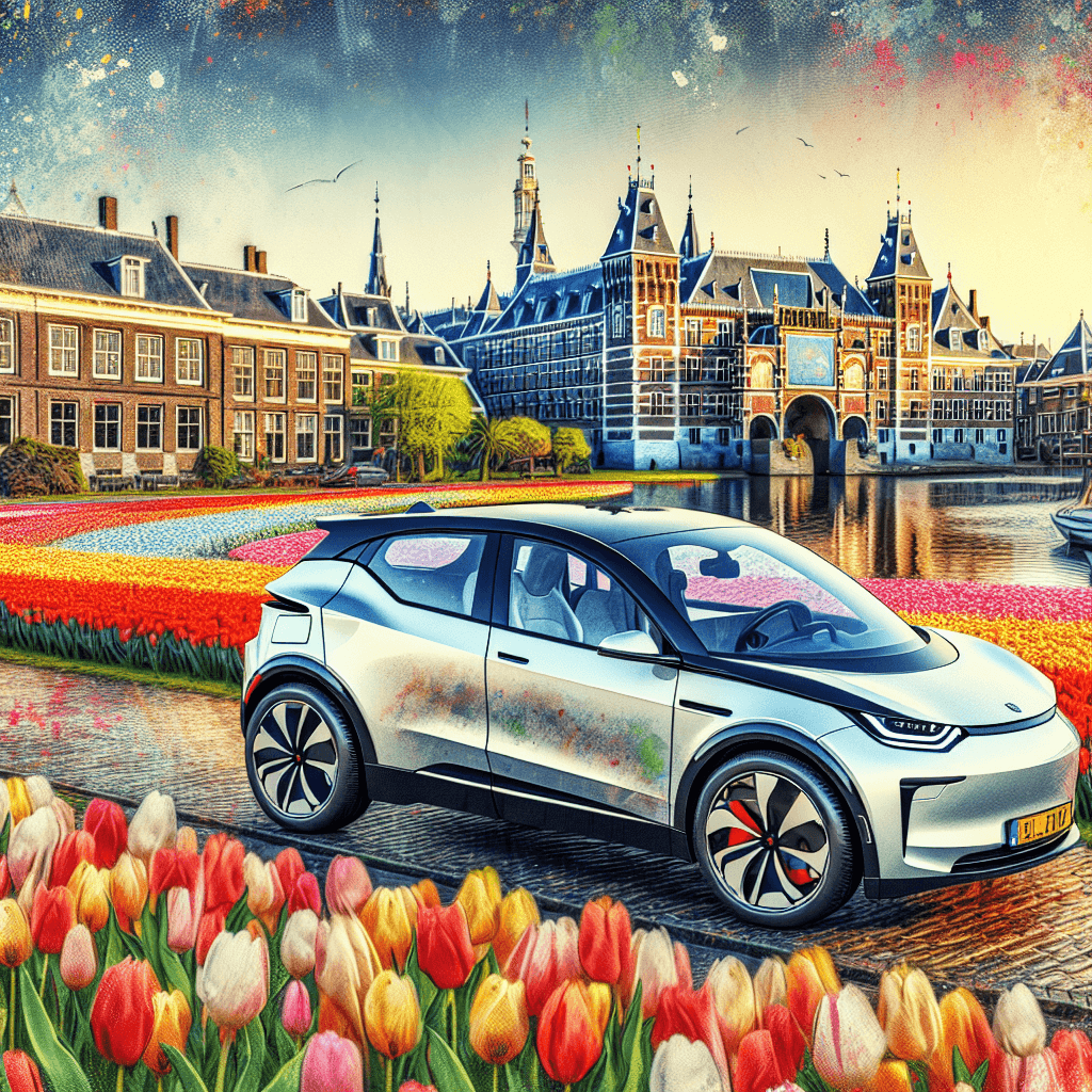 City car near Binnenhof and Hofvijver, tulip field