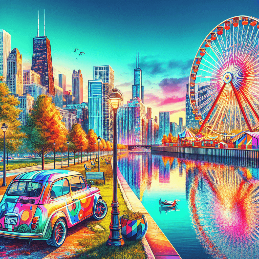 City car near Navy Pier, urban park with joggers, vibrant Chicago skyline