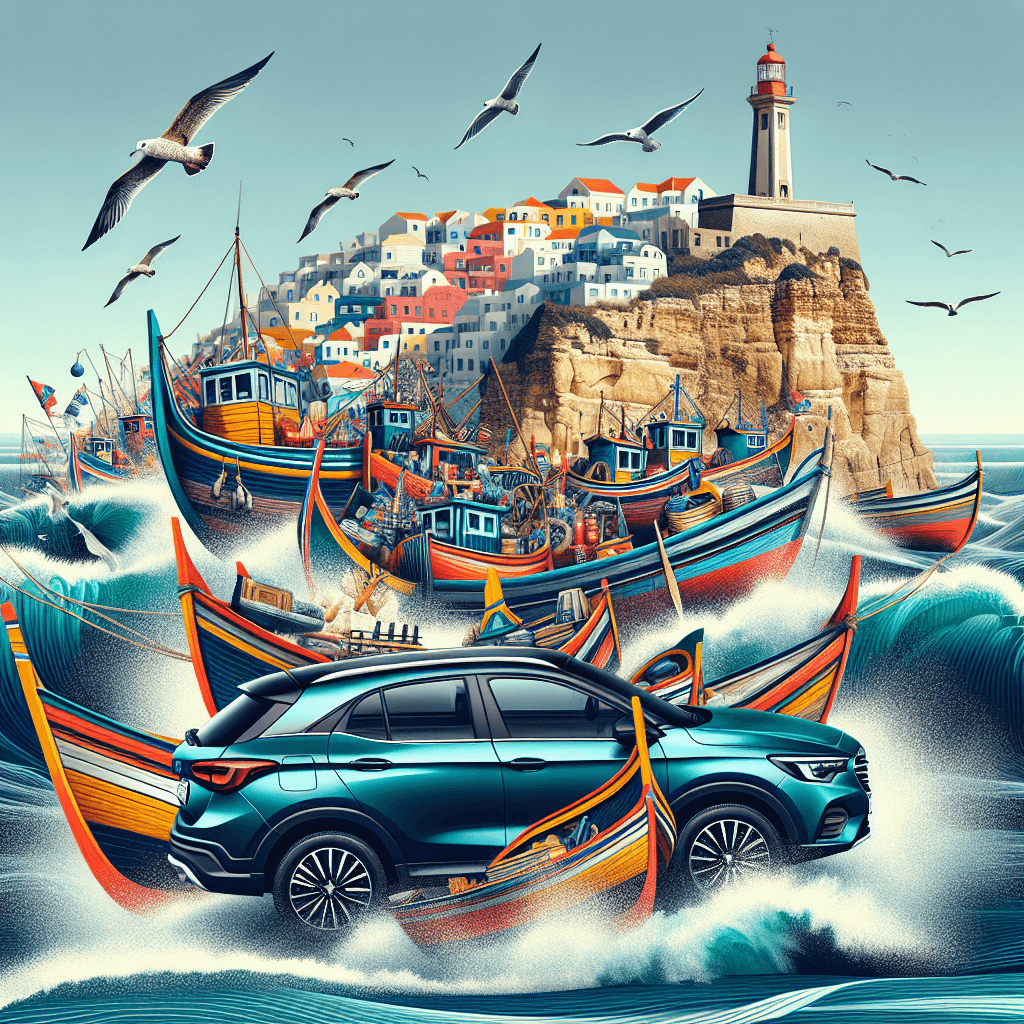 City car among cliffs, sea, boats, lighthouse and seagulls of Nazaré