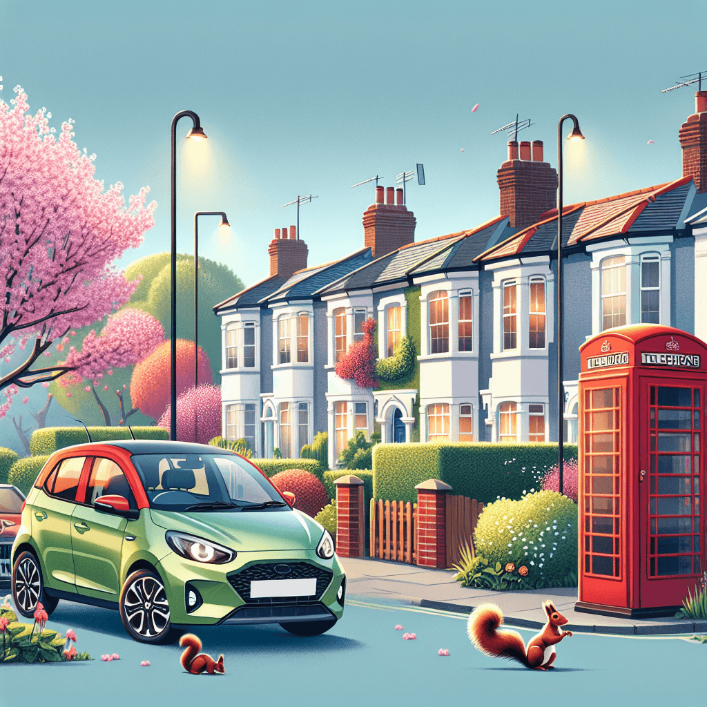 Vibrant car amid Neasden's homes, cherry blossoms, telephone booths