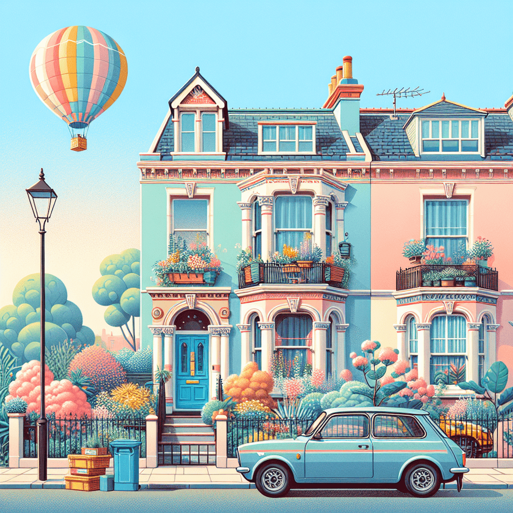 City car, pastel rowhouse, garden, blue door, hot air balloons