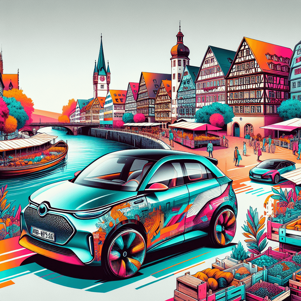 City car in Offenbach, farmer's market, river, half-timbered houses