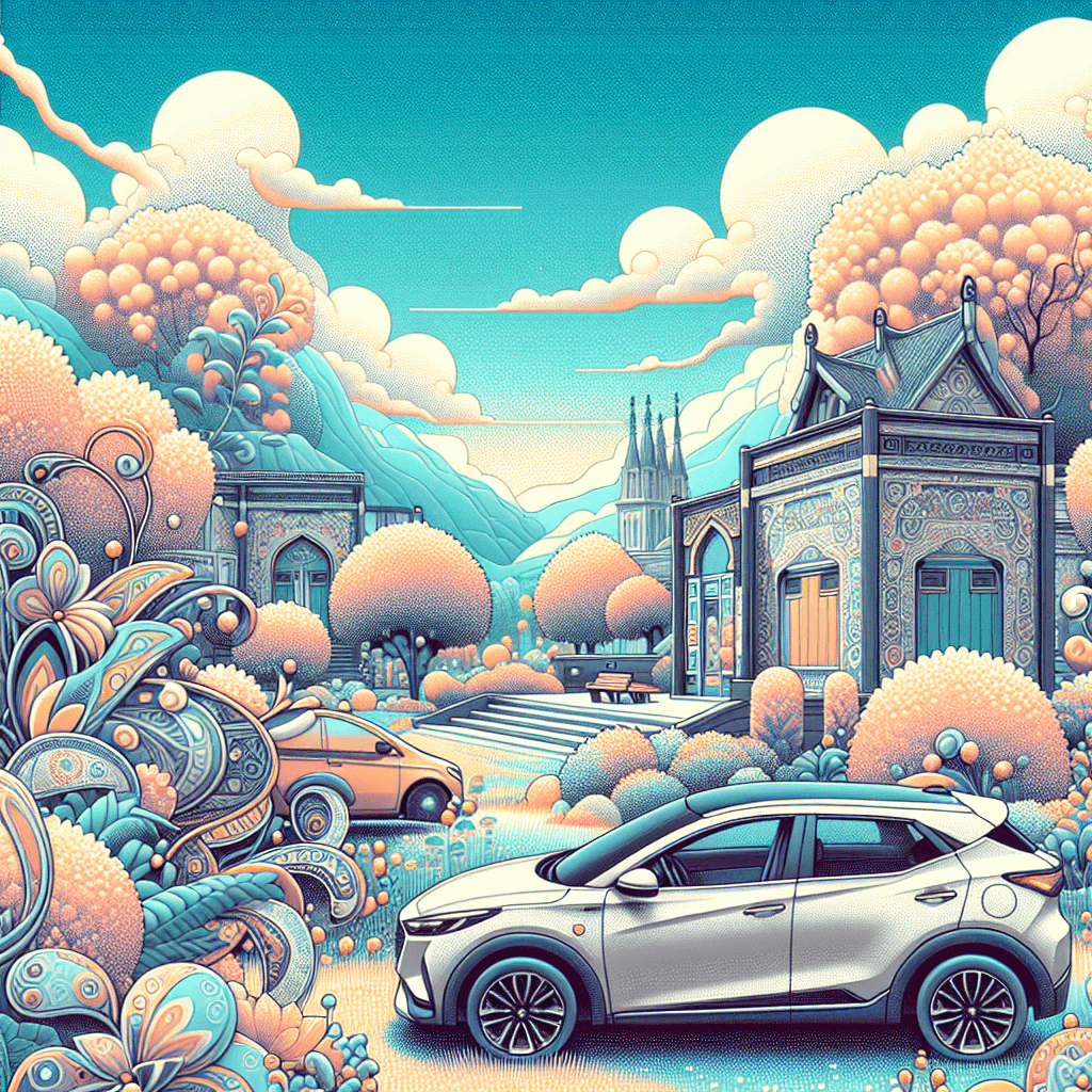 City car parked near tear-drop patterned houses under Paisley's cherry blossoms