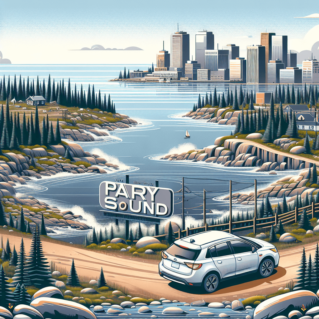 City car in Parry Sound's shoreline and forest backdrop