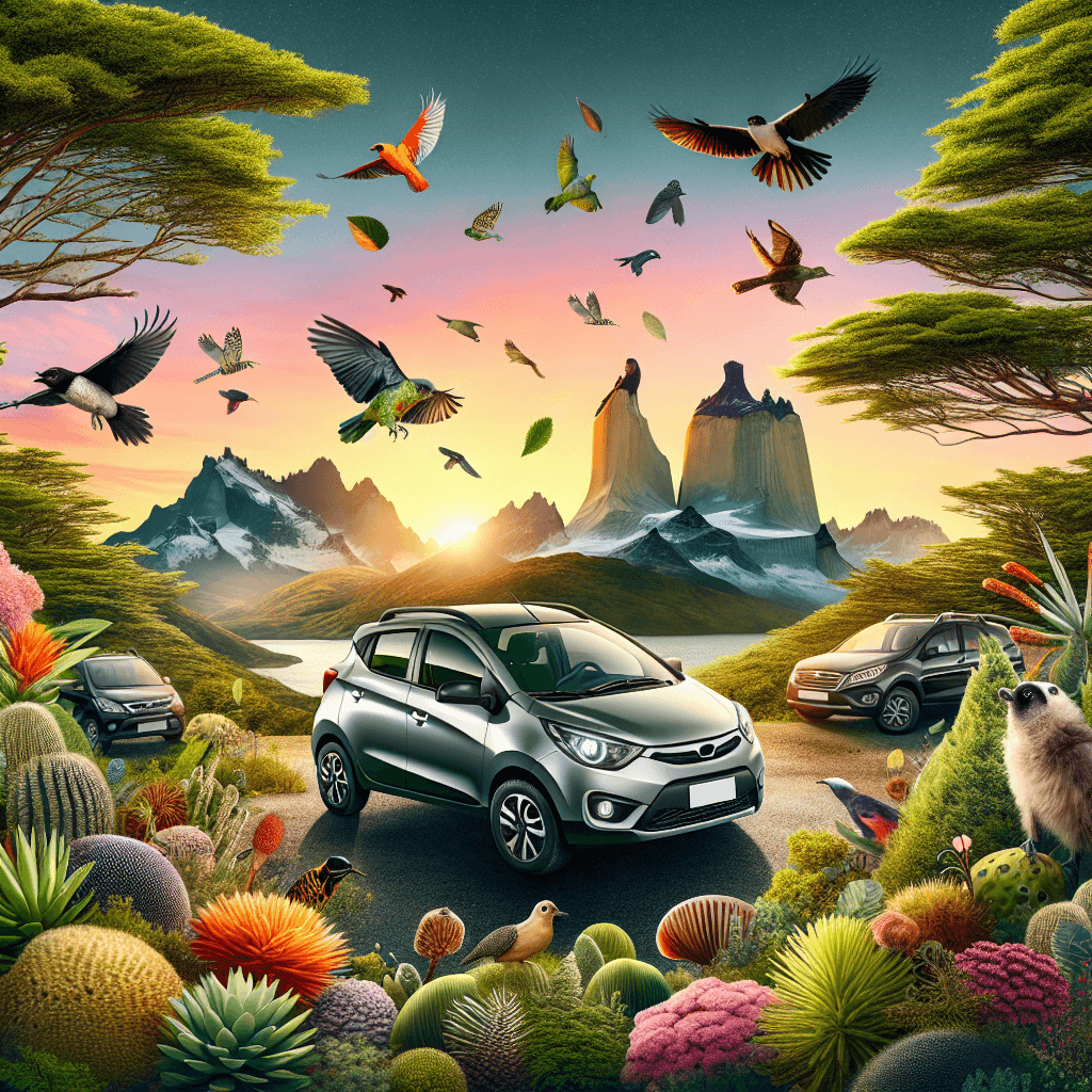 City car amongst Patagonian scenery, vibrant sunset, indigenous birds and flora