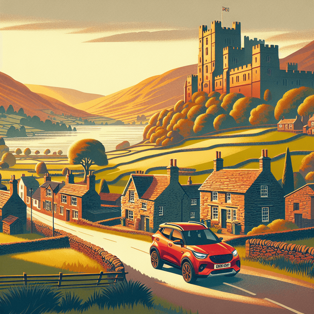 City car on Penrith's cobbled streets, with castle, cottages, and Ullswater lake