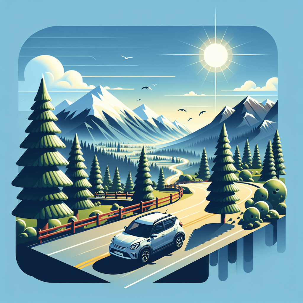 City car on winding road, sunny blue sky, snow-capped mountains