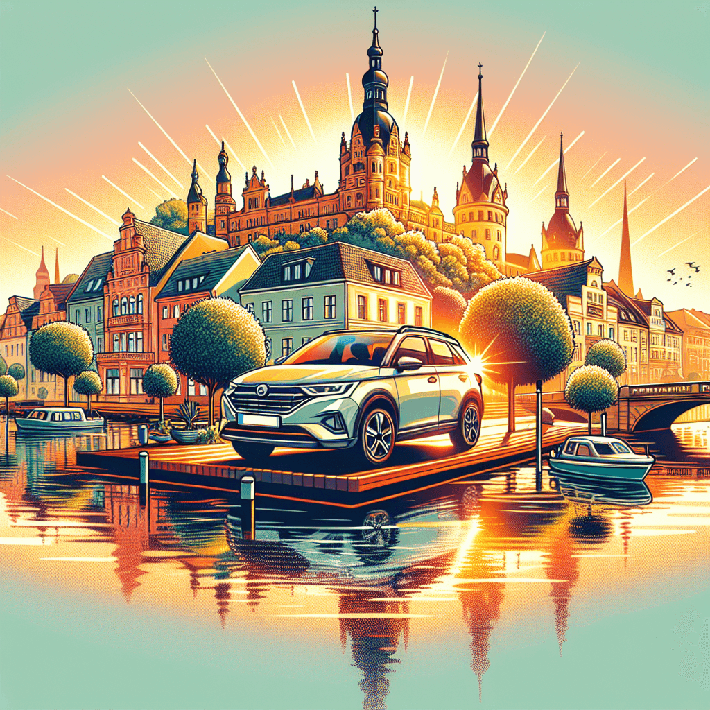 City car near Schwerin Castle, detailed lake reflections